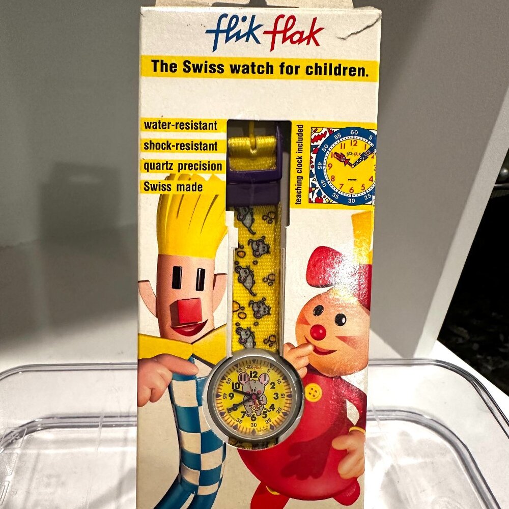 Vintage 1997 Yellow Mouse Theme Flik Flak Kids Swiss Made Watch – New in Box